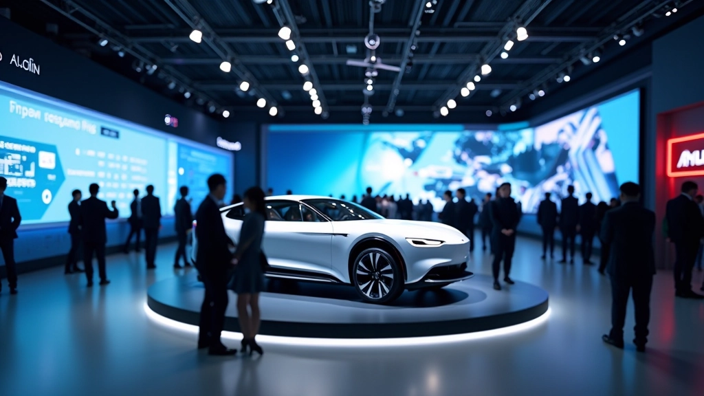 Tokijas autosalona izstādes halle ar japāņu automobiļu inovācijām un elektriskajiem transportlīdzekļiem